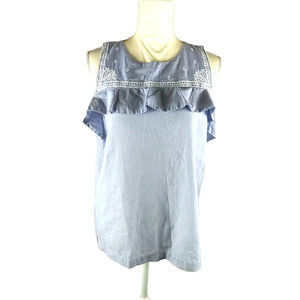 Loft Women's Top Blouse Sleeveless Size Large Blue White Stripe Ruffle Baby Doll